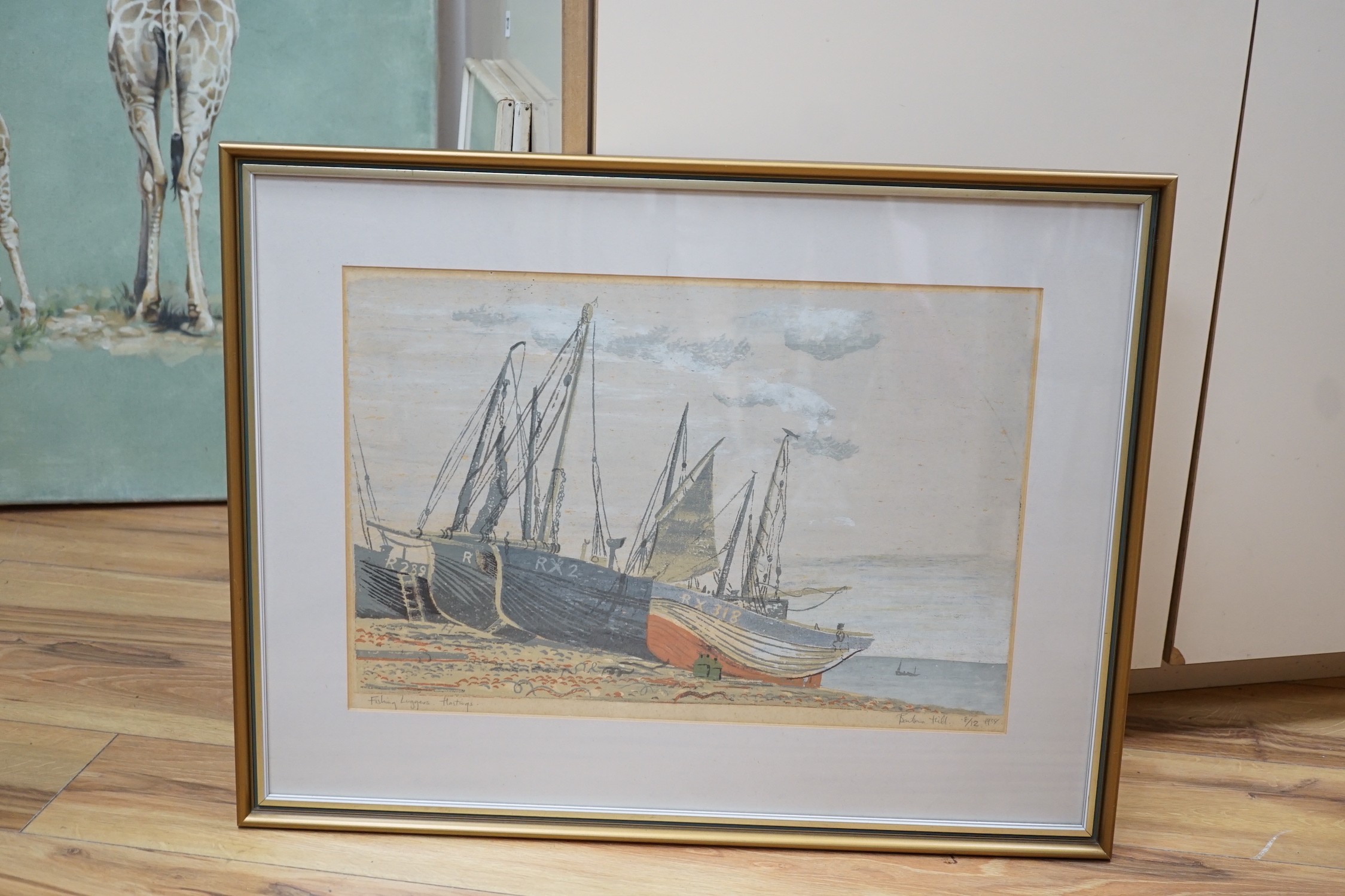 Barbara Hill, limited edition print, 'Fishing Luggers, Hastings, signed and dated 1958, 8/12, 31 x 49cm